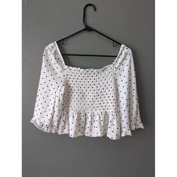 American Eagle Women's Smocked Boho Cottgecore Shirt Large Polka Dot Ruffle - Picture 1 of 4